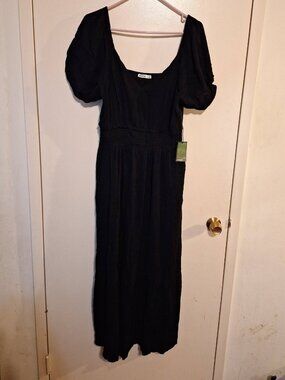 Black Puff Sleeve Midi Dress – XL – Smocked Waist – NEW WITH TAGS
